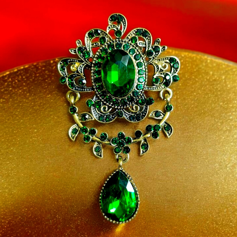 Ornate Green Rhinestone Medallion Brooch